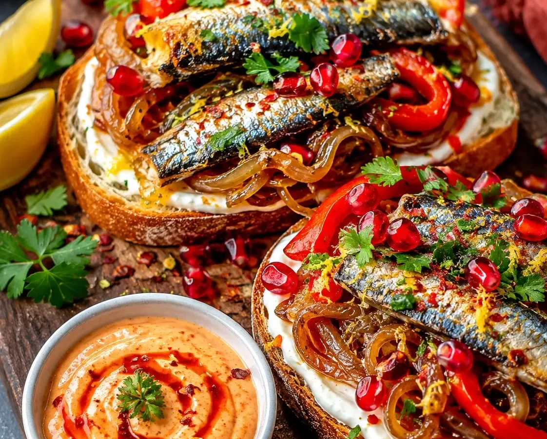 Caramelized Onion Sardine Toast with Spicy Dipping Sauce