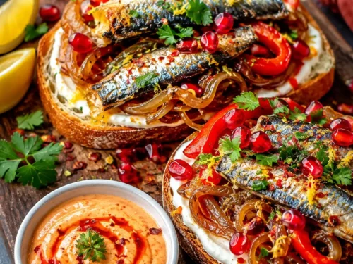 Caramelized Onion Sardine Toast with Spicy Dipping Sauce