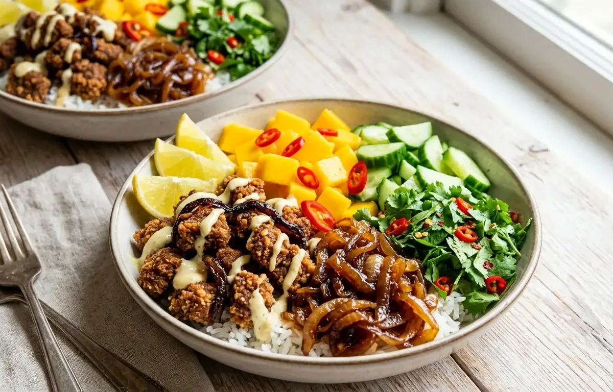 Crispy Beef & Caramelized Onion Mango Bowls