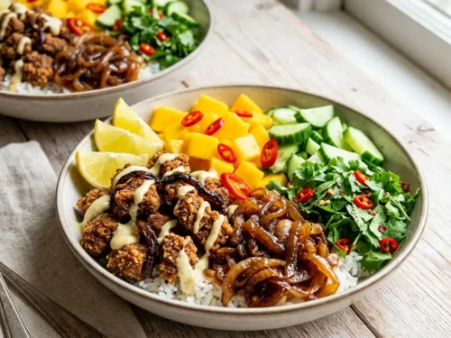 Crispy Beef & Caramelized Onion Mango Bowls