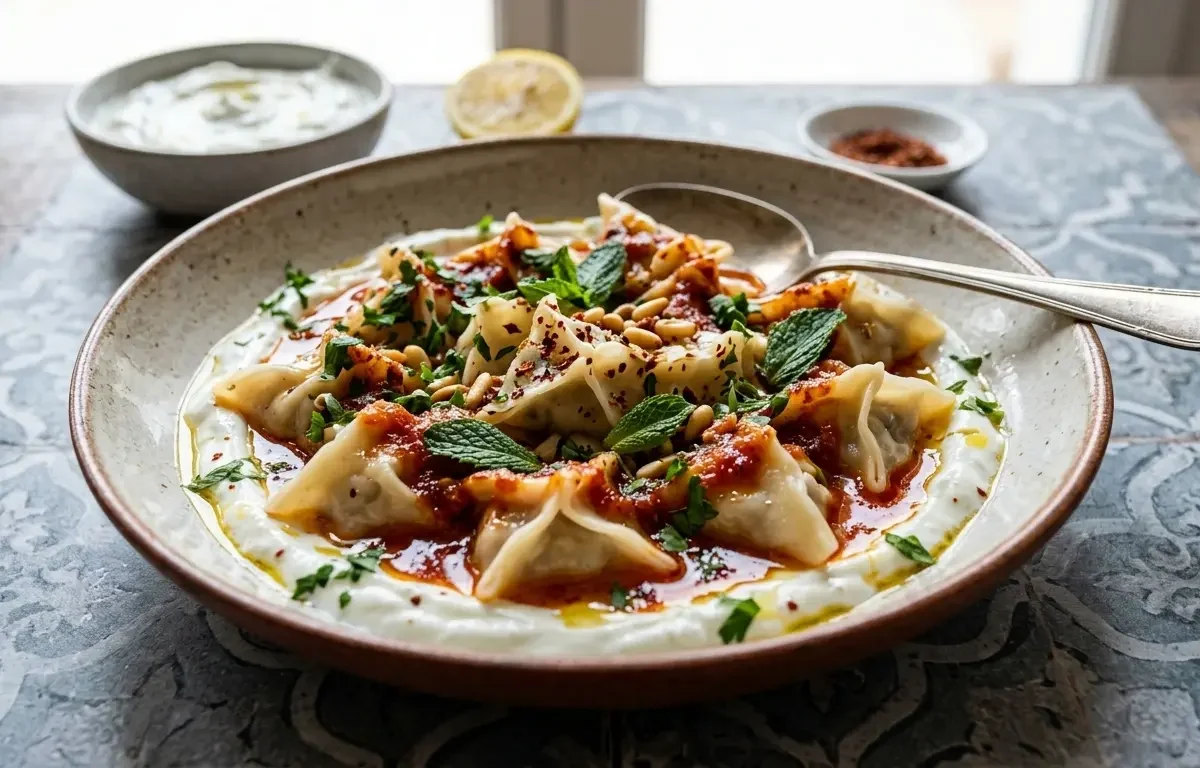 Mushroom Manti with Garlicky Yogurt & Spiced Tomato Butter