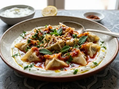 Mushroom Manti with Garlicky Yogurt & Spiced Tomato Butter