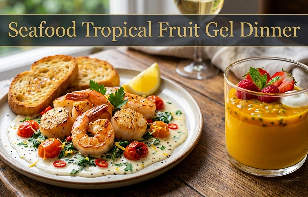 Creamy Garlic Seafood Dinner with Tropical Mango Passion Fruit Gel