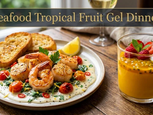 Creamy Garlic Seafood Dinner with Tropical Mango Passion Fruit Gel
