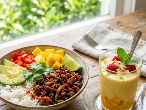 Spicy Ground Beef Rice Bowls with Creamy Mango Dessert