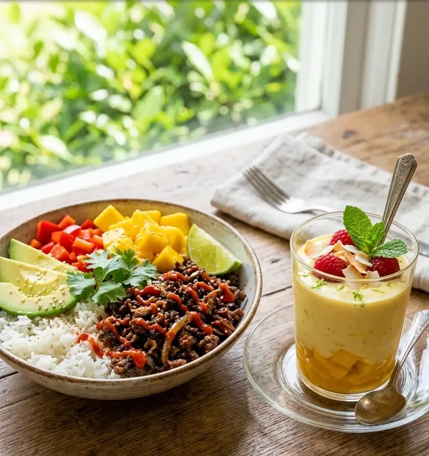 Spicy Ground Beef Rice Bowls with Creamy Mango Dessert