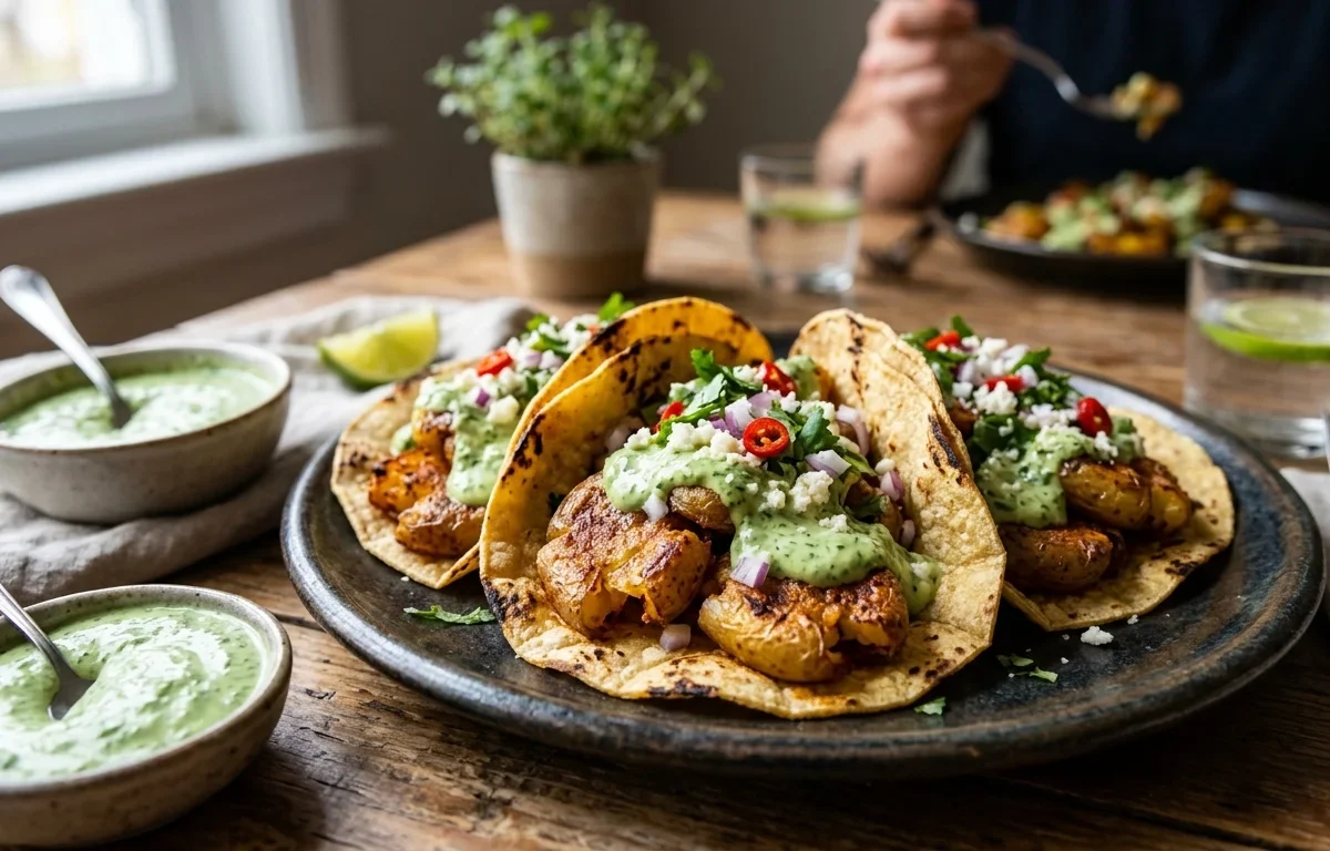 Crispy Smashed Potato Tacos with Creamy Garlic-Cilantro Sauce