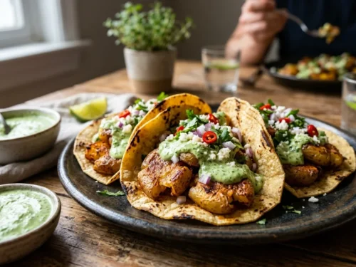 Crispy Smashed Potato Tacos with Creamy Garlic-Cilantro Sauce