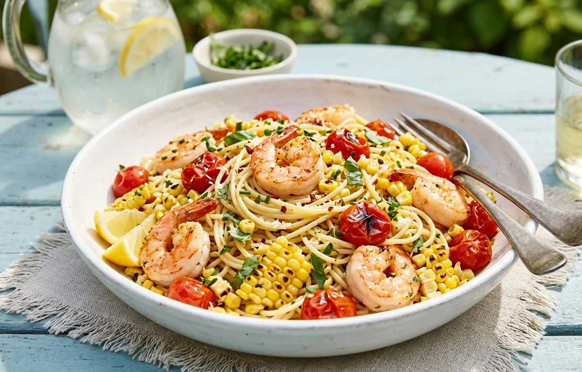 Summer Shrimp Pasta with Sweet Corn and Fresh Tomatoes