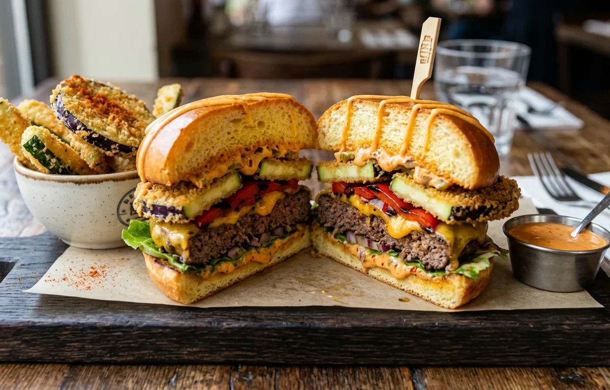 King Steak Burger with Crispy Zucchini, Eggplant & Hot Creamy Sauce