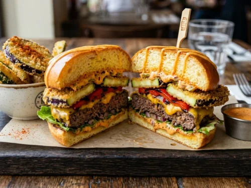 King Steak Burger with Crispy Zucchini, Eggplant & Hot Creamy Sauce