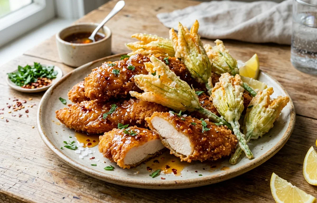 Fried Zucchini Flowers with Brown Butter Hot Honey Chicken Tenders