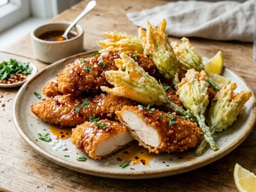 Fried Zucchini Flowers with Brown Butter Hot Honey Chicken Tenders