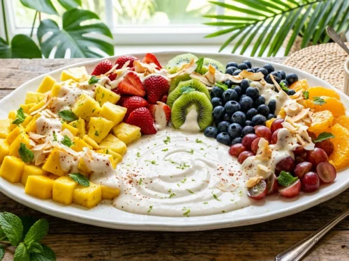 Tropical Rainbow Fruit Salad with Creamy Coconut-Lime Sauce