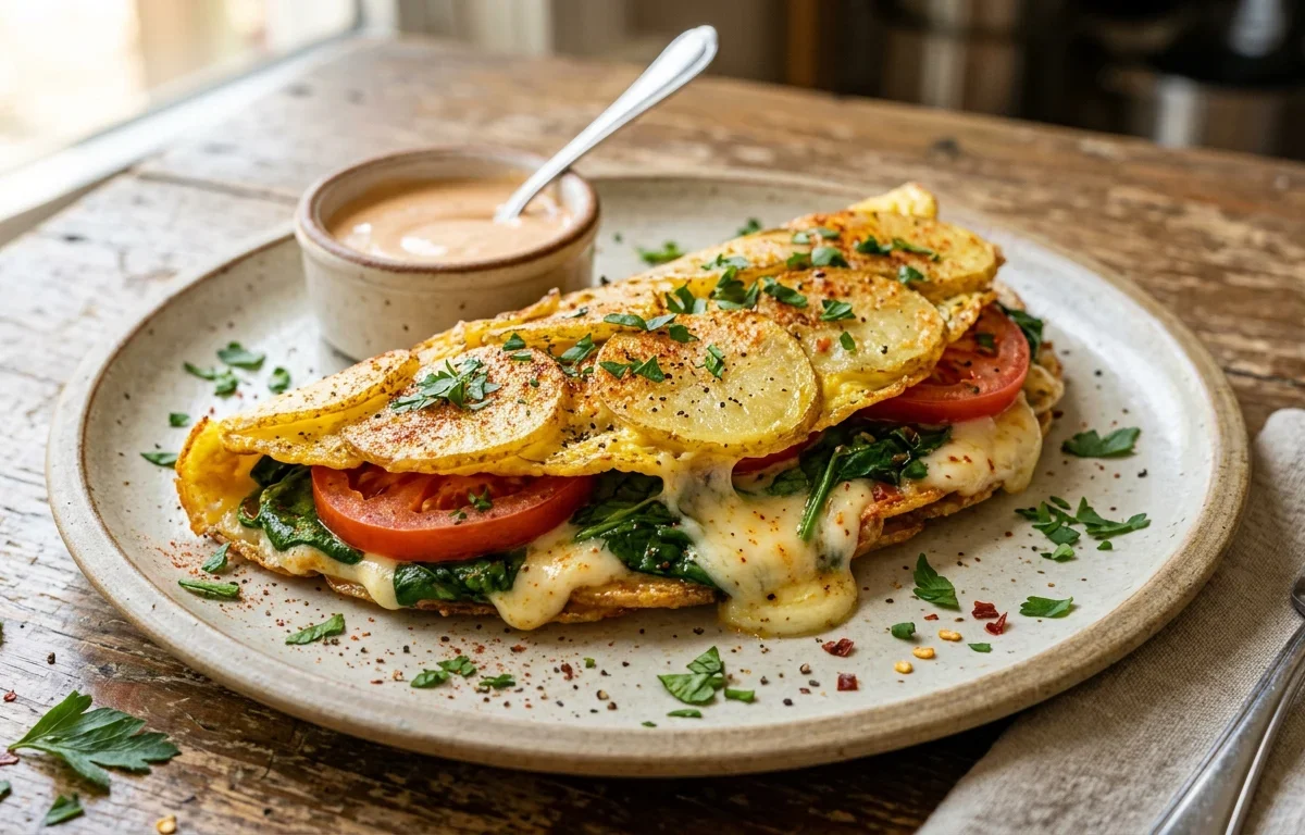 Crispy Potato Egg Fold with Spinach, Tomato & Melted Cheese