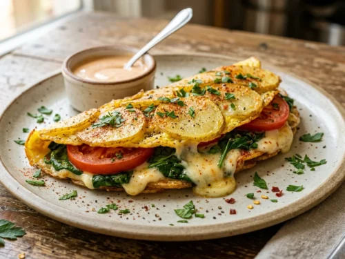 Crispy Potato Egg Fold with Spinach, Tomato & Melted Cheese