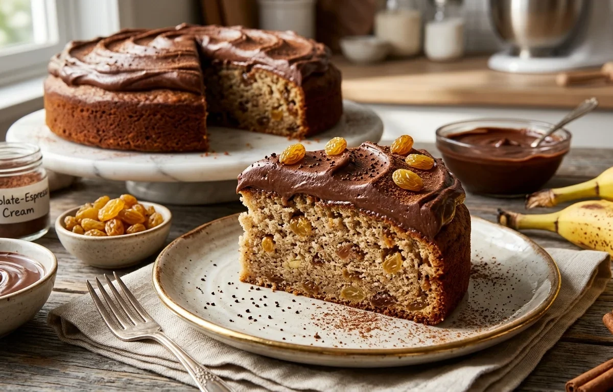 Spiced Banana Raisin Cake with Silky Chocolate Cream