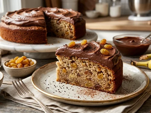 Spiced Banana Raisin Cake with Silky Chocolate Cream
