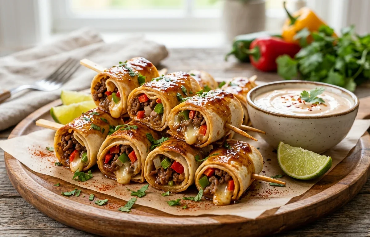 Cheesy Glazed Meat Roll Skewers
