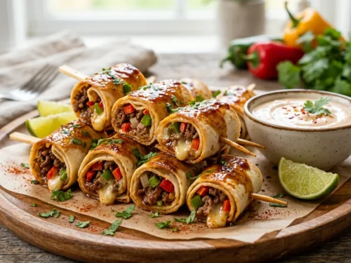 Cheesy Glazed Meat Roll Skewers