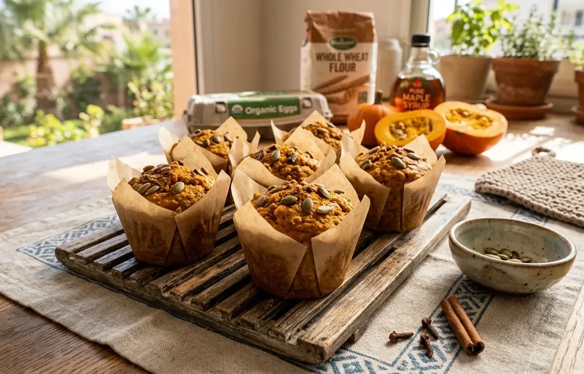 Moist Healthy Pumpkin Muffins (Whole Wheat & Maple Sweetened)