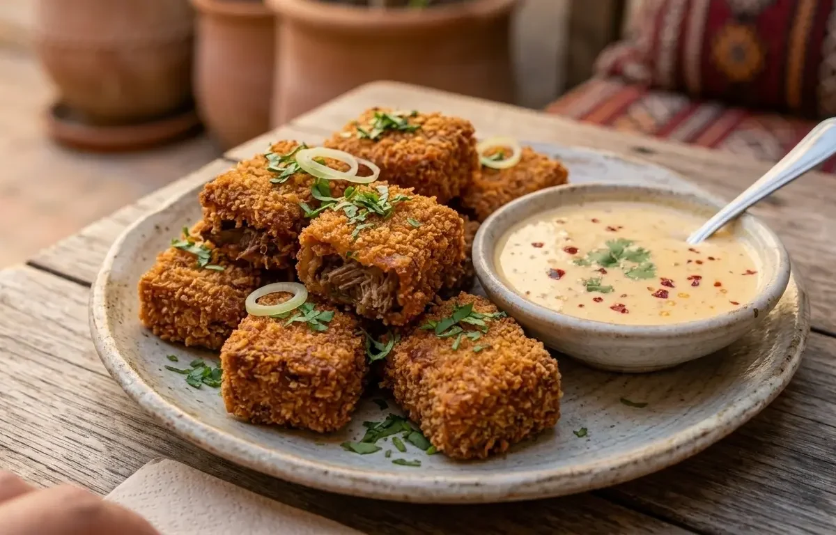Crispy Beef Squares with Cheesy Dipping Sauce