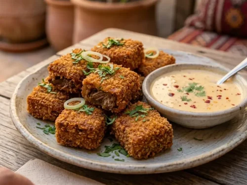 Crispy Beef Squares with Cheesy Dipping Sauce