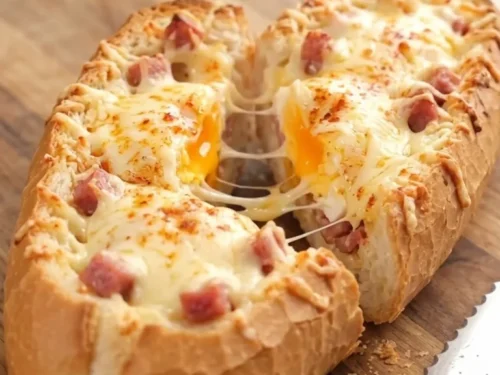 Cheesy Baked Egg & Salami Baguette Boat