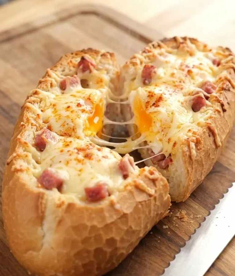 Cheesy Baked Egg & Salami Baguette Boat