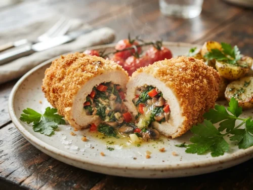 Crispy Stuffed Chicken Roll with Sautéed Vegetables and Butter