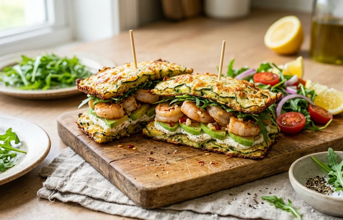 Flourless Eggplant & Garlic Shrimp Sandwich
