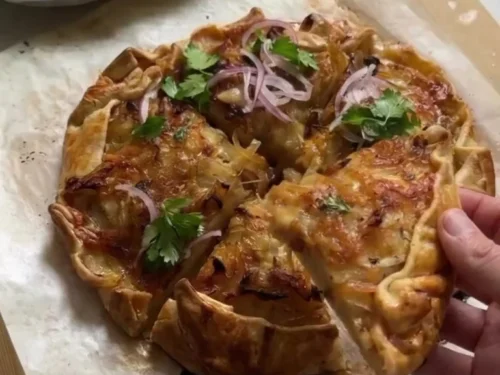 Caramelized Onion, Potato, and Cheese Galette with Fresh Herb Salad