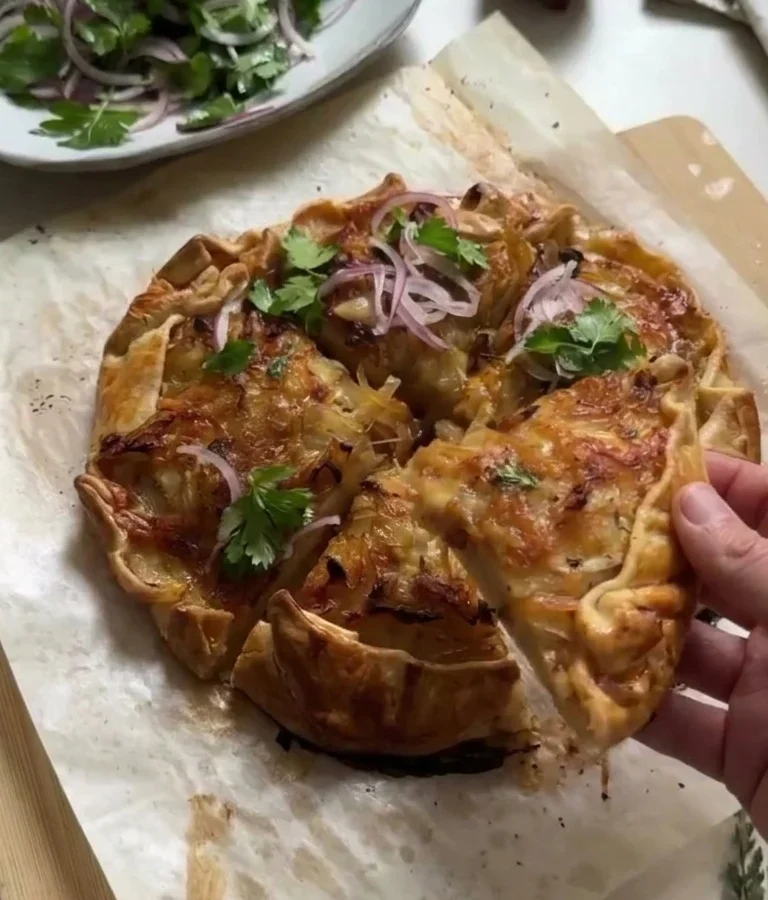Caramelized Onion, Potato, and Cheese Galette with Fresh Herb Salad