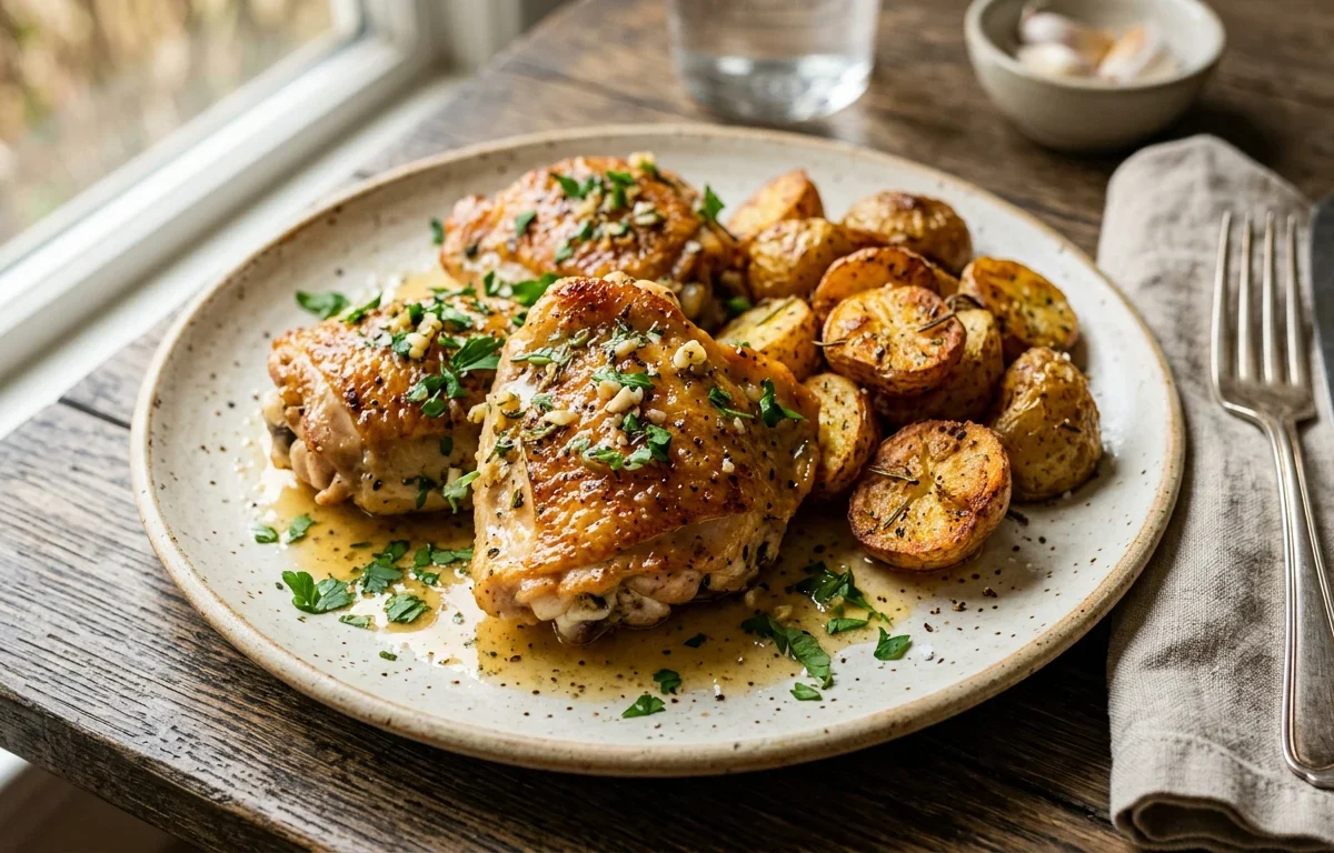 Garlic Butter Chicken Thighs & Crispy Potatoes