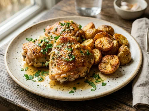 Garlic Butter Chicken Thighs & Crispy Potatoes