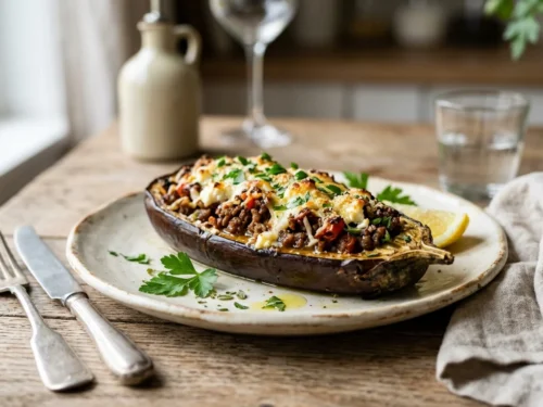 Baked Eggplant Stuffed with Herbed Ground Beef