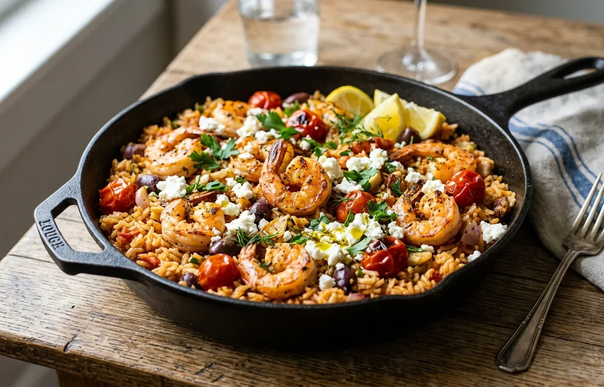 Mediterranean Shrimp & Tomato Rice Skillet