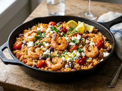 Mediterranean Shrimp & Tomato Rice Skillet