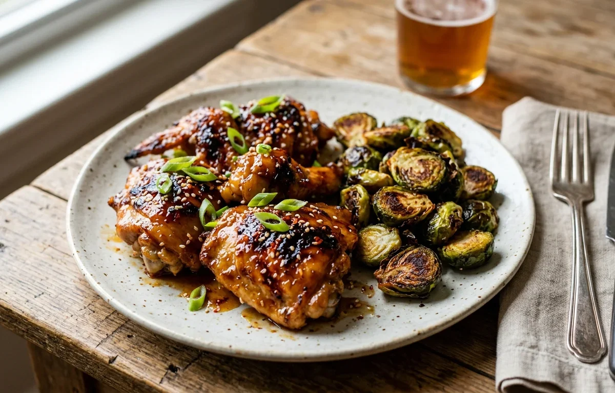 Spicy Honey Garlic Chicken & Crispy Brussels Sprouts