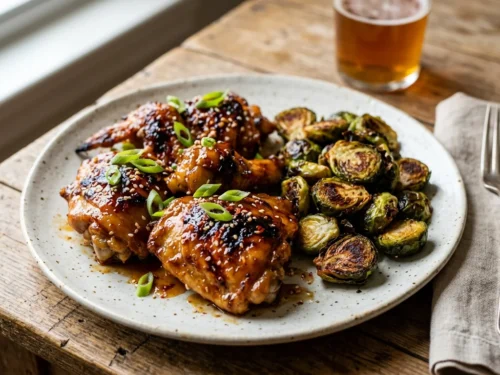 Spicy Honey Garlic Chicken & Crispy Brussels Sprouts
