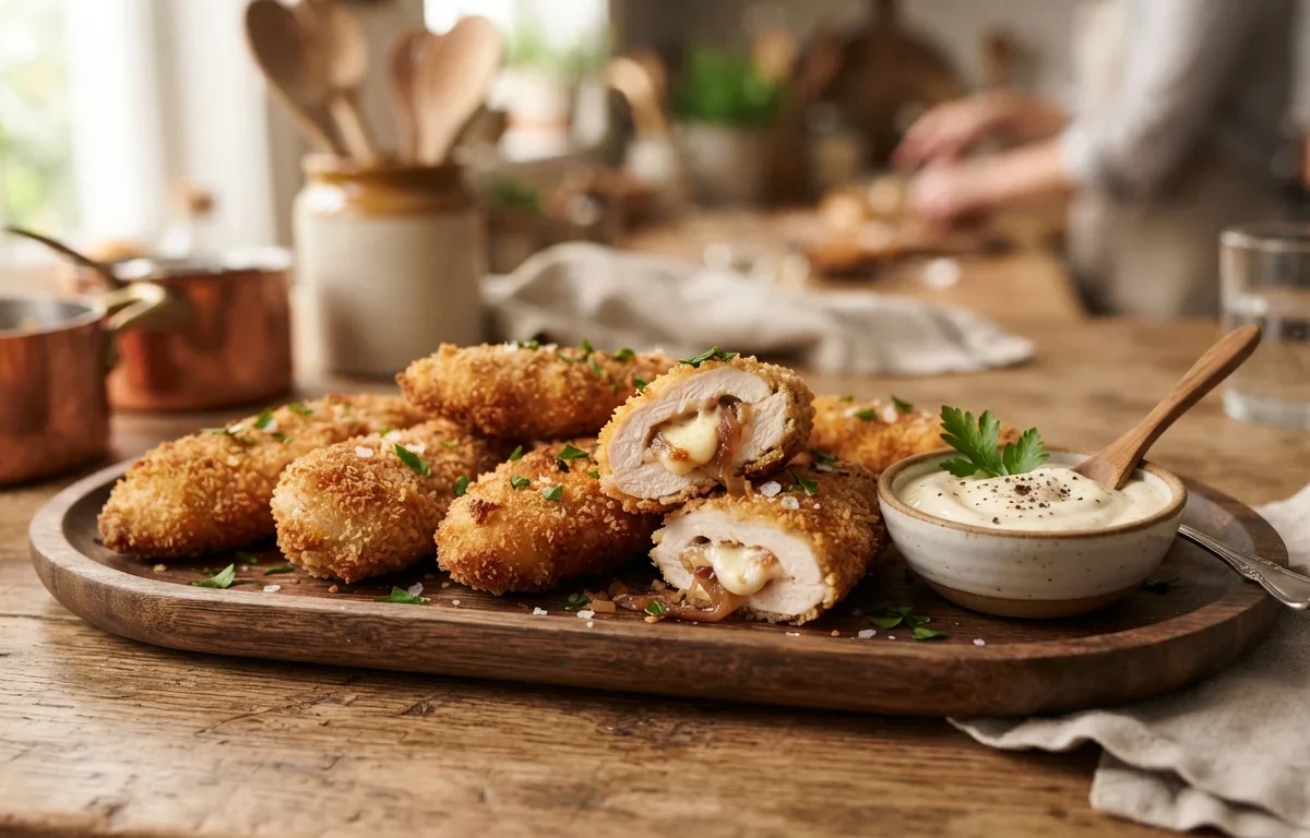 Stuffed Gourmet Chicken Fingers with Caramelized Onions and Cheese