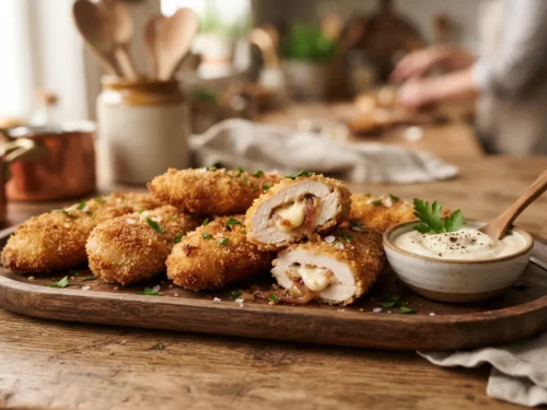 Stuffed Gourmet Chicken Fingers with Caramelized Onions and Cheese