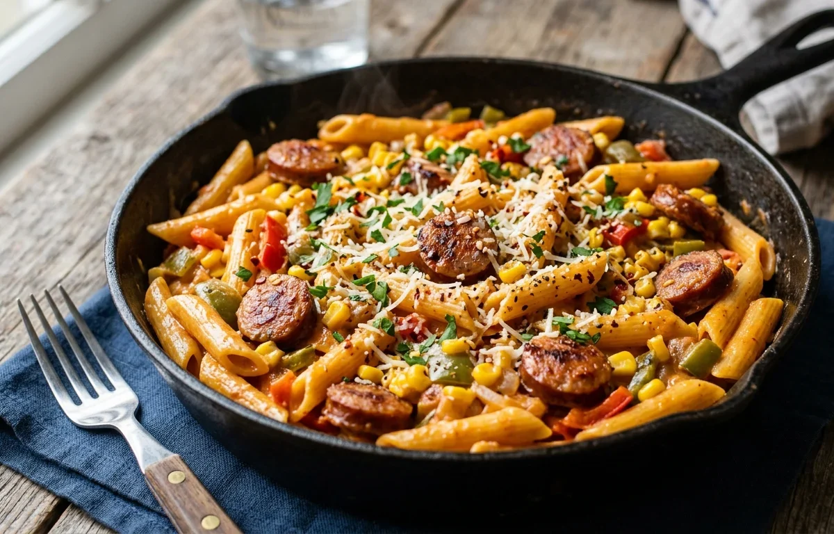 Creamy Cajun Sausage & Corn Skillet Pasta