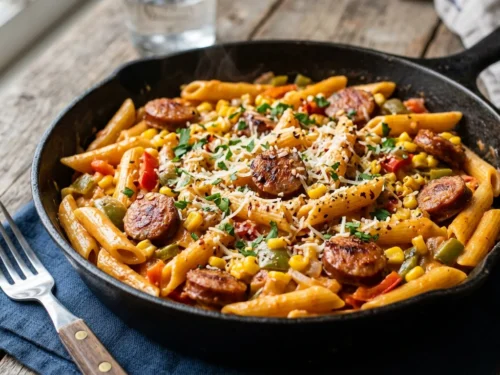 Creamy Cajun Sausage & Corn Skillet Pasta