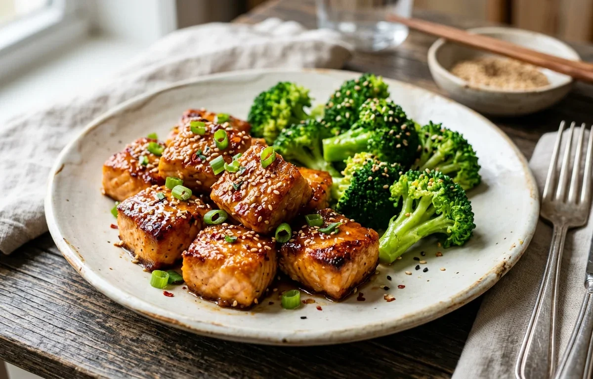 Crispy Honey Garlic Salmon Bites with Sesame Broccoli
