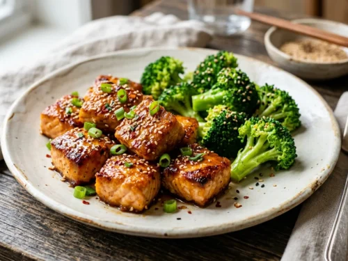 Crispy Honey Garlic Salmon Bites with Sesame Broccoli