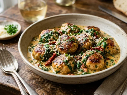 Creamy Tuscan Chicken Meatballs with Spinach & Sun-Dried Tomatoes