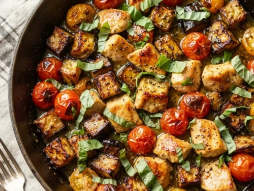 Garlic Butter Chicken with Crispy Eggplant & Blistered Tomatoes