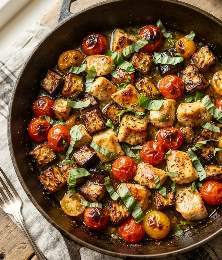 Garlic Butter Chicken with Crispy Eggplant & Blistered Tomatoes
