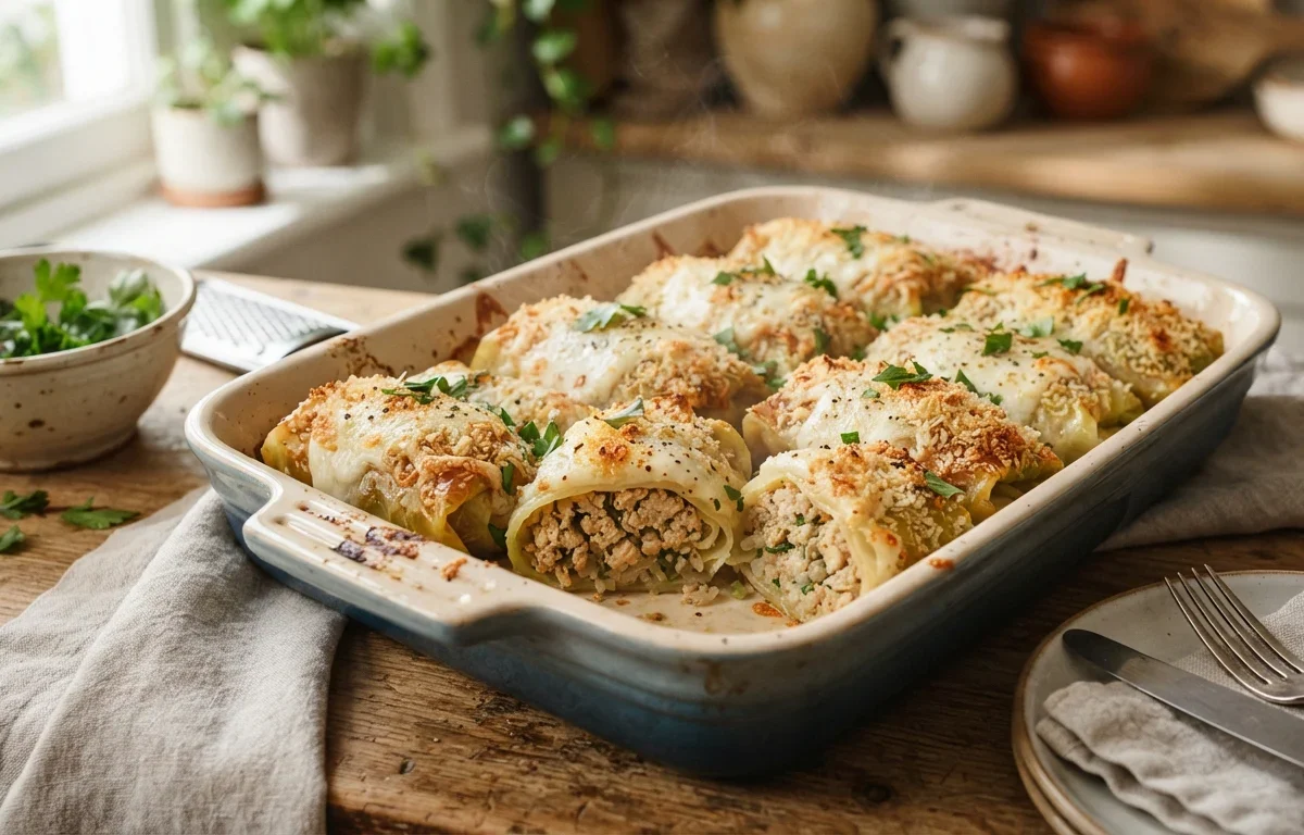Crispy Baked Cabbage Rolls with Chicken & Cheese